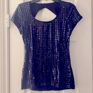 Women Navy Blue Sequin Short sleeve Open Back Top